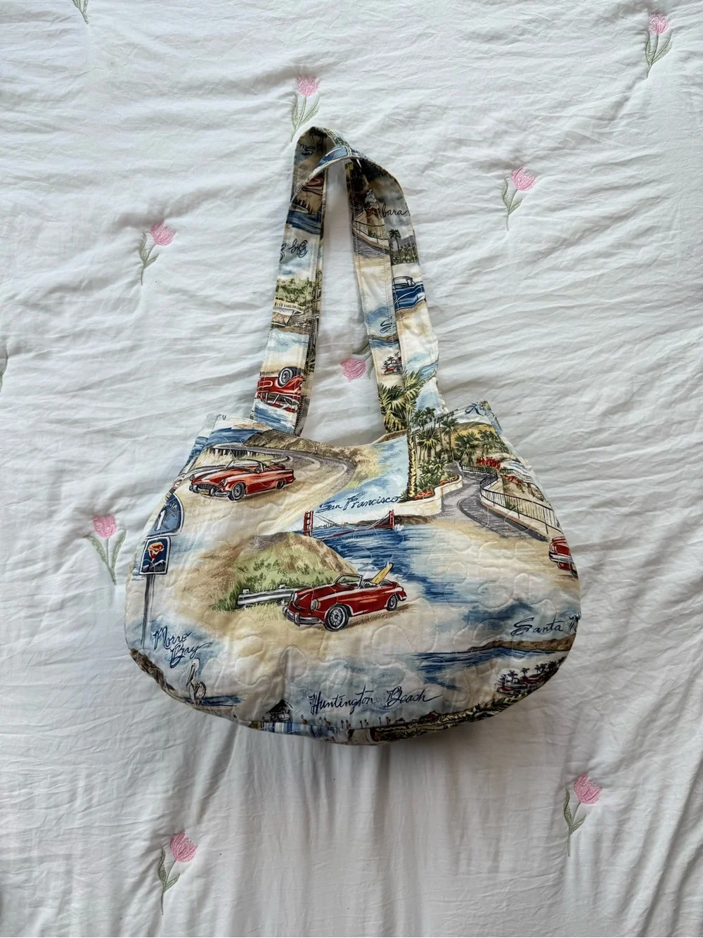 Vintage Scenic Car Print Quilted Beach Summer Tote Bag